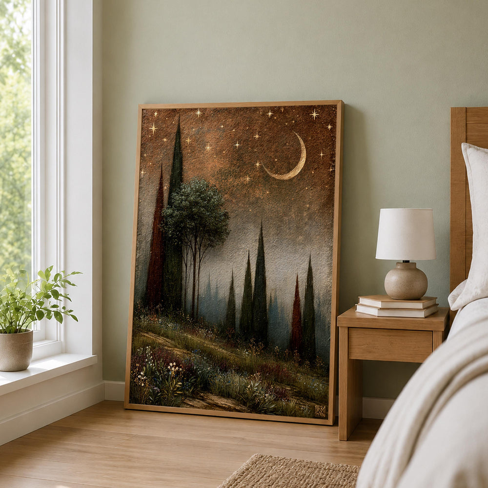 Moonlit Cypress Forest Wall Art, Dark Woodland Canvas Print, Crescent Moon Poster, Moody Starry Night Home Decor, Gothic Nature Lover Gift