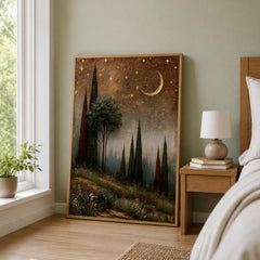 Moonlit Cypress Forest Wall Art, Dark Woodland Canvas Print, Crescent Moon Poster, Moody Starry Night Home Decor, Gothic Nature Lover Gift