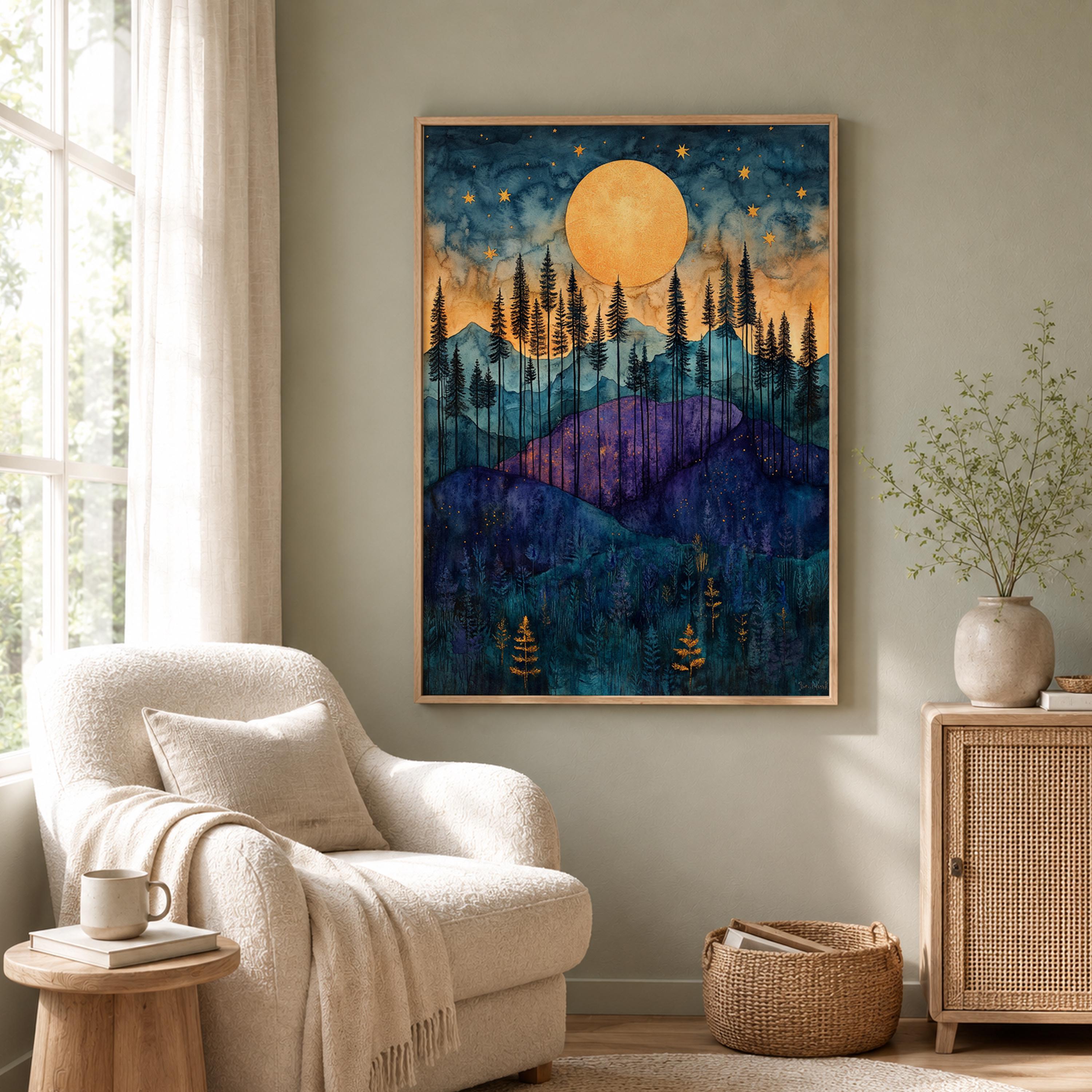 Golden Moon Mountain Wall Art, Indigo Forest Canvas Print, Celestial Landscape Poster, Purple Woodland Artwork, Cabin Wall Decor Gift