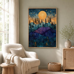 Golden Moon Mountain Wall Art, Indigo Forest Canvas Print, Celestial Landscape Poster, Purple Woodland Artwork, Cabin Wall Decor Gift
