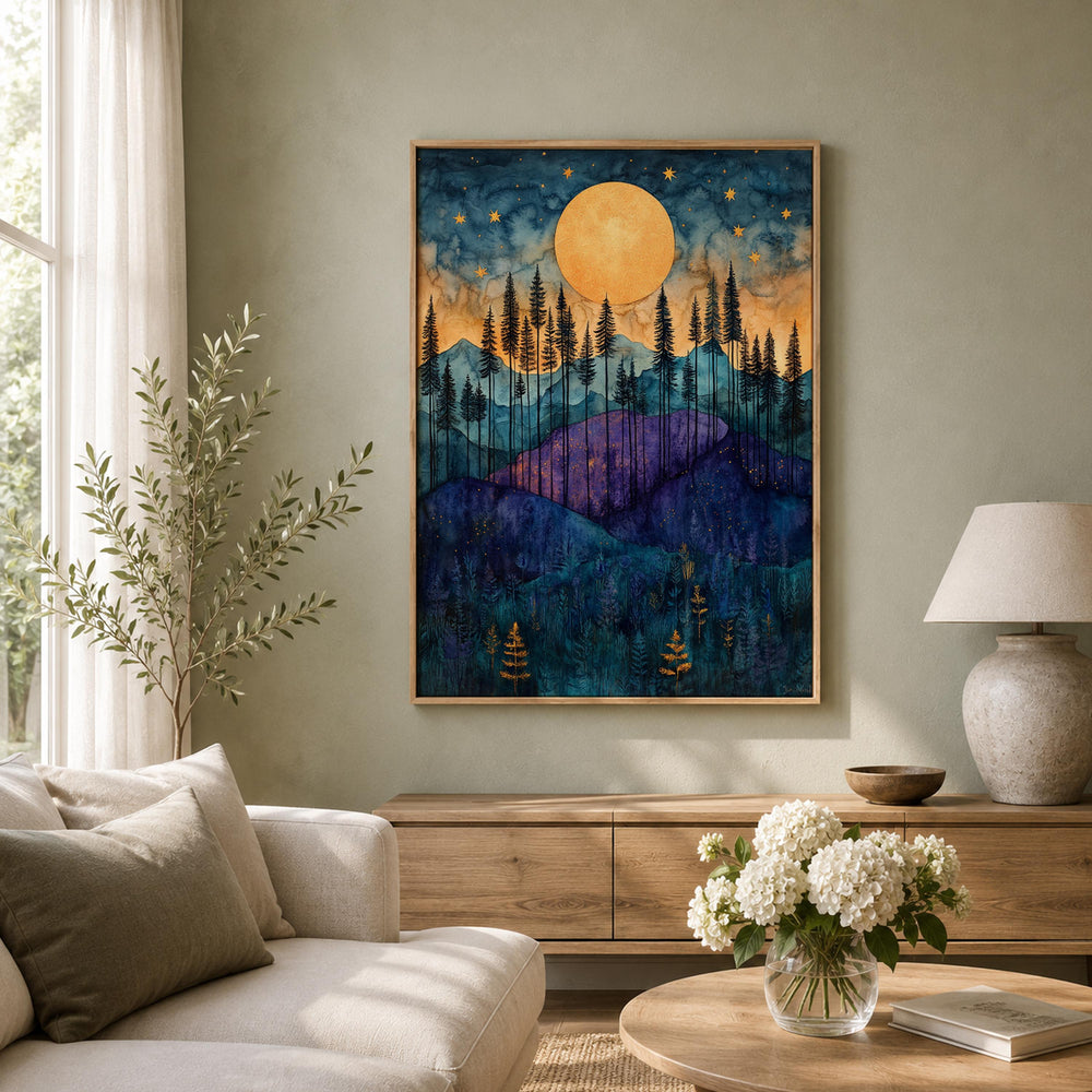 Golden Moon Mountain Wall Art, Indigo Forest Canvas Print, Celestial Landscape Poster, Purple Woodland Artwork, Cabin Wall Decor Gift