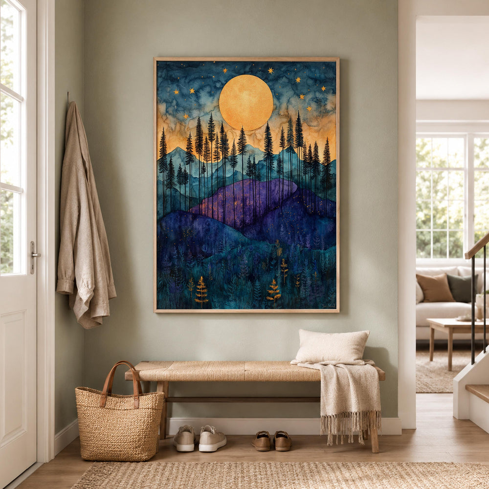 Golden Moon Mountain Wall Art, Indigo Forest Canvas Print, Celestial Landscape Poster, Purple Woodland Artwork, Cabin Wall Decor Gift