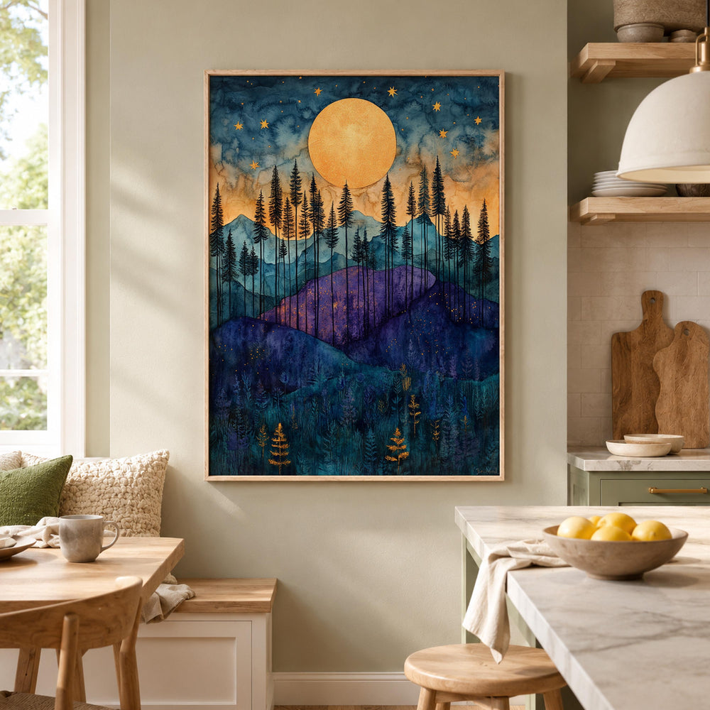 Golden Moon Mountain Wall Art, Indigo Forest Canvas Print, Celestial Landscape Poster, Purple Woodland Artwork, Cabin Wall Decor Gift