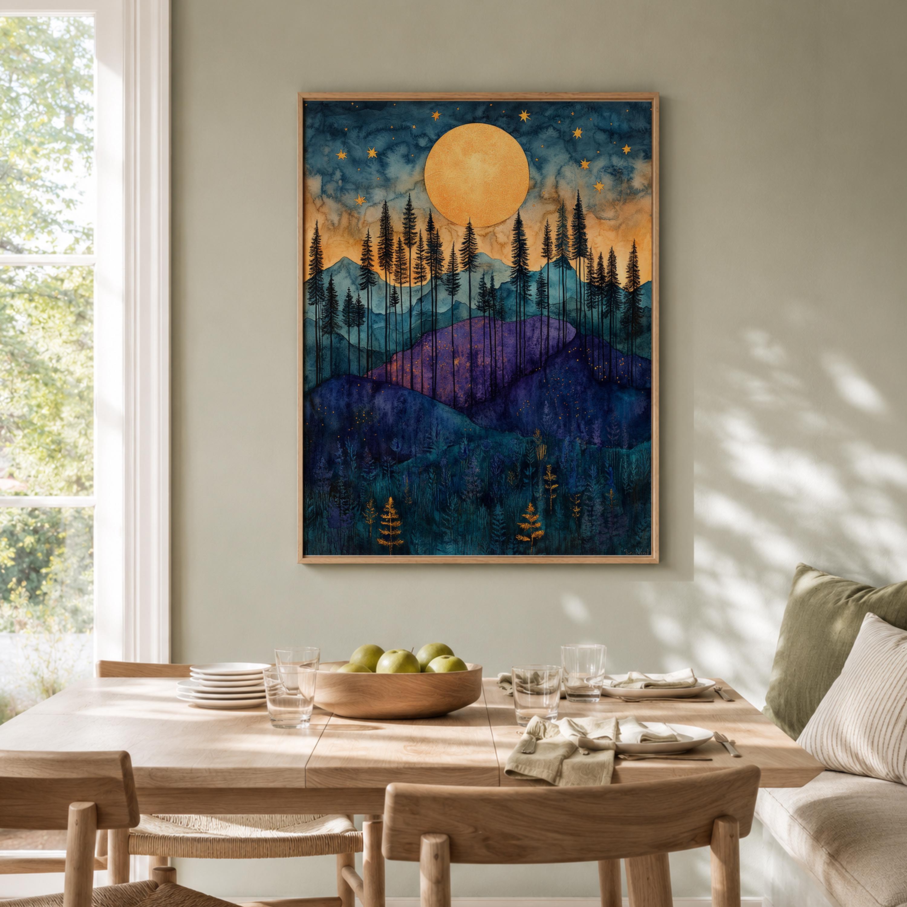 Golden Moon Mountain Wall Art, Indigo Forest Canvas Print, Celestial Landscape Poster, Purple Woodland Artwork, Cabin Wall Decor Gift