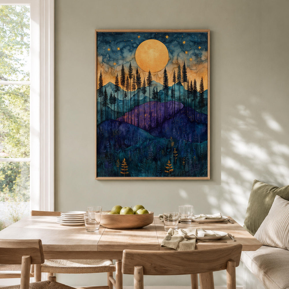 Golden Moon Mountain Wall Art, Indigo Forest Canvas Print, Celestial Landscape Poster, Purple Woodland Artwork, Cabin Wall Decor Gift
