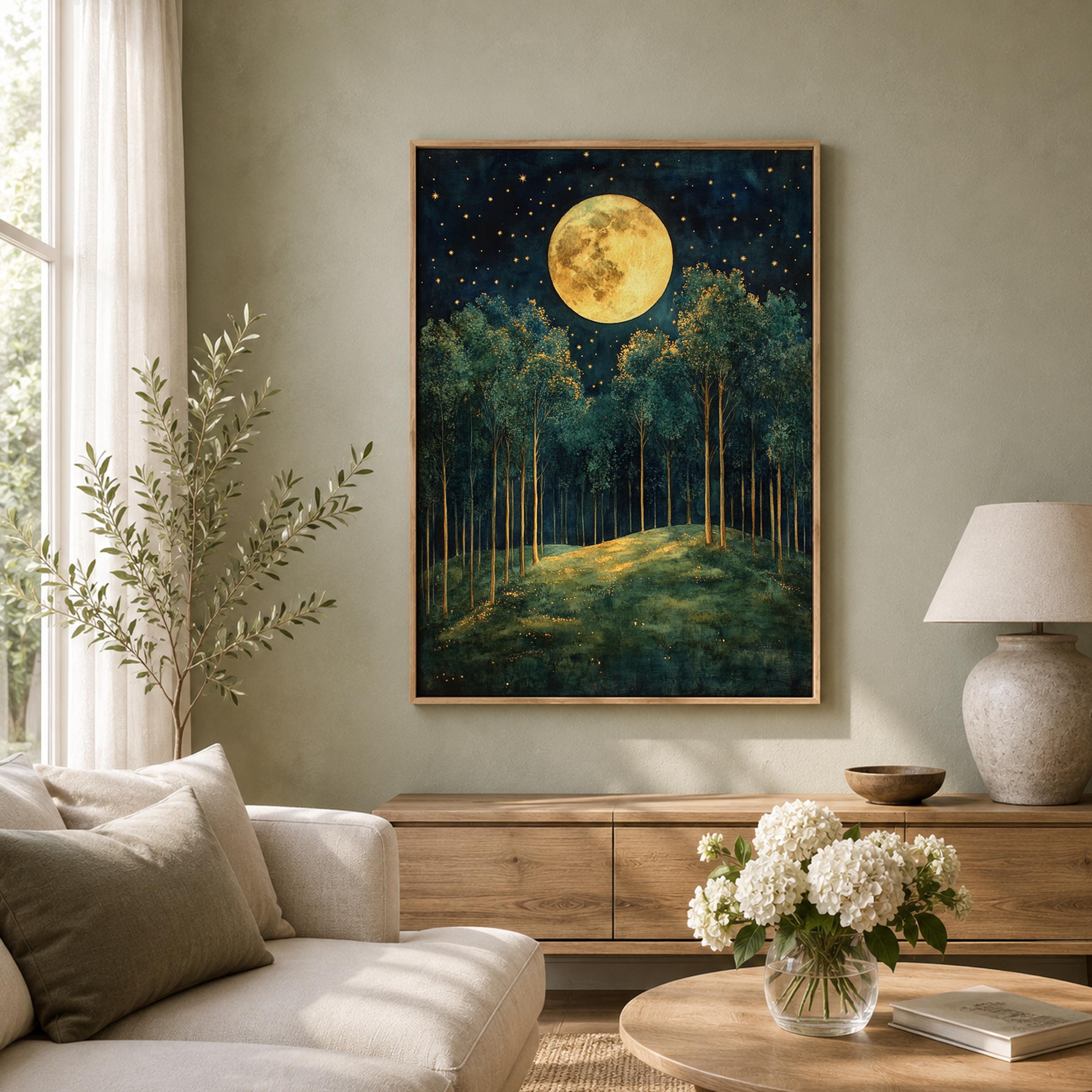 Full Moon Forest Wall Art, Starry Woodland Canvas Print, Night Landscape Poster, Gold Green Tree Artwork, Moody Nature Decor for Living Room