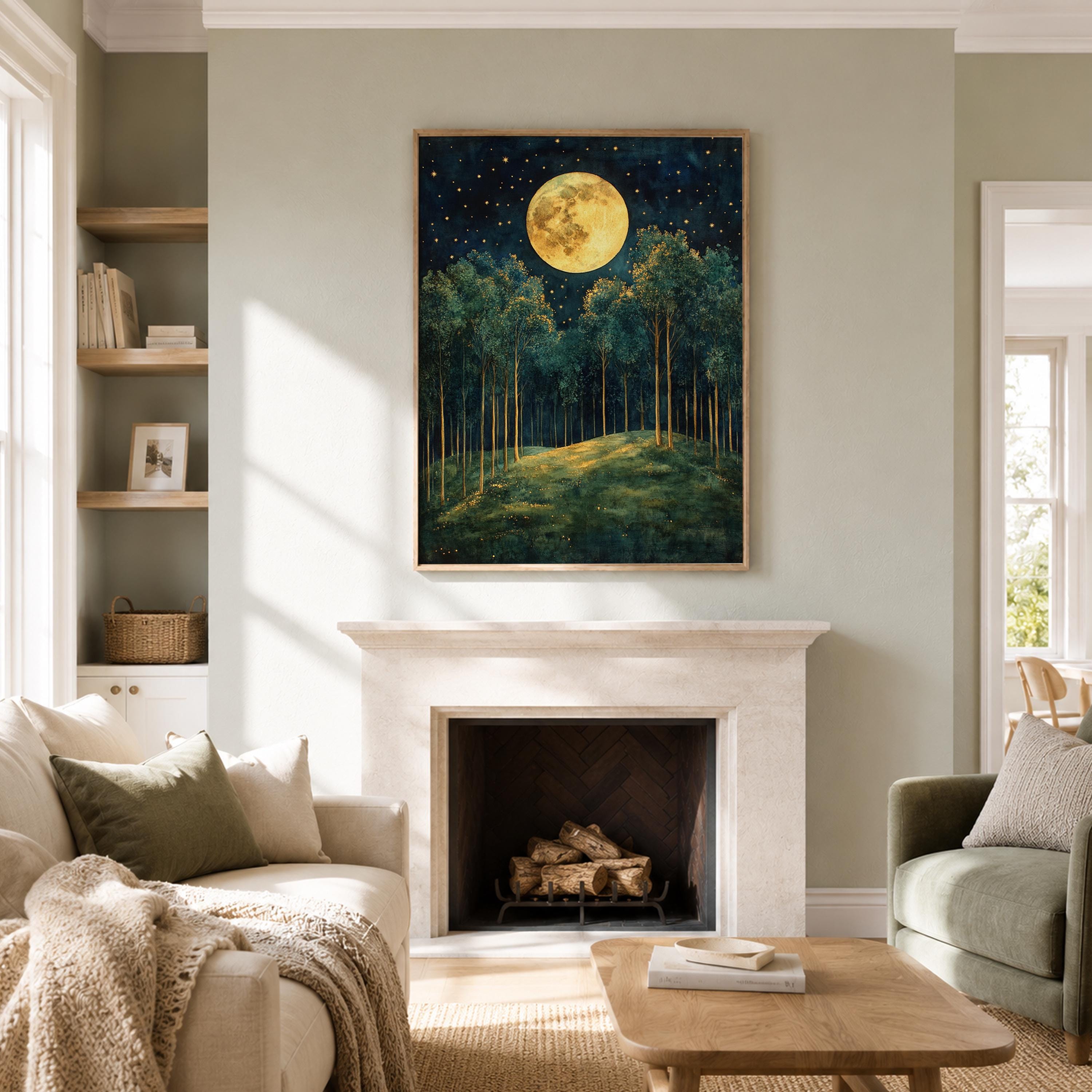 Full Moon Forest Wall Art, Starry Woodland Canvas Print, Night Landscape Poster, Gold Green Tree Artwork, Moody Nature Decor for Living Room