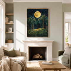 Full Moon Forest Wall Art, Starry Woodland Canvas Print, Night Landscape Poster, Gold Green Tree Artwork, Moody Nature Decor for Living Room