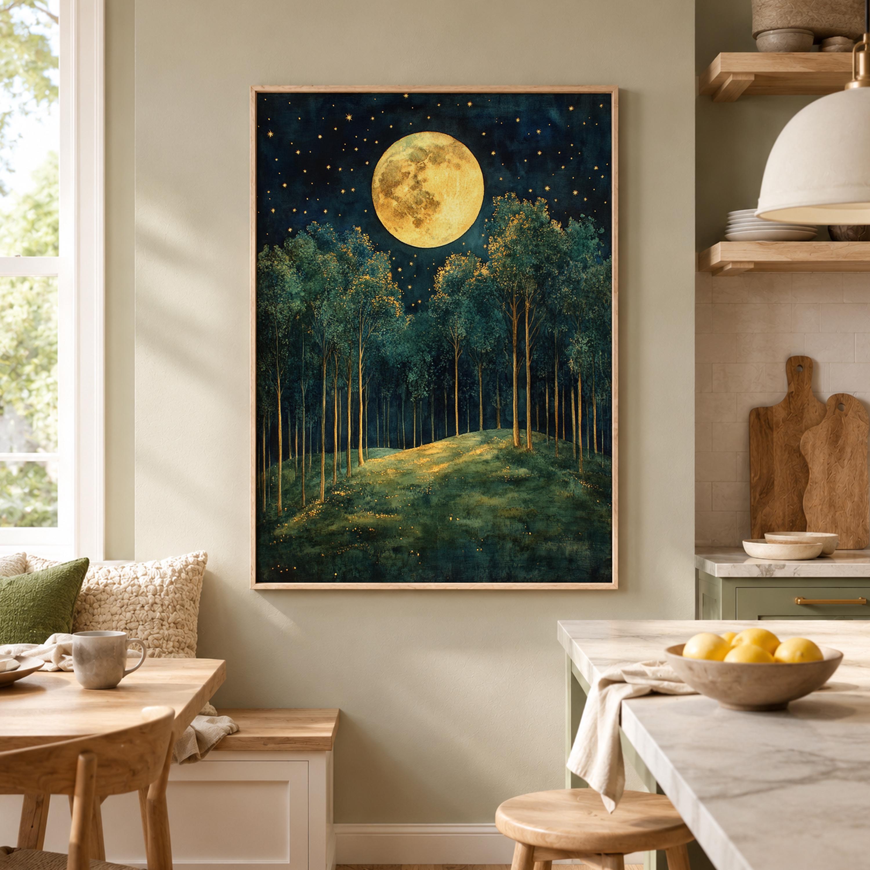 Full Moon Forest Wall Art, Starry Woodland Canvas Print, Night Landscape Poster, Gold Green Tree Artwork, Moody Nature Decor for Living Room