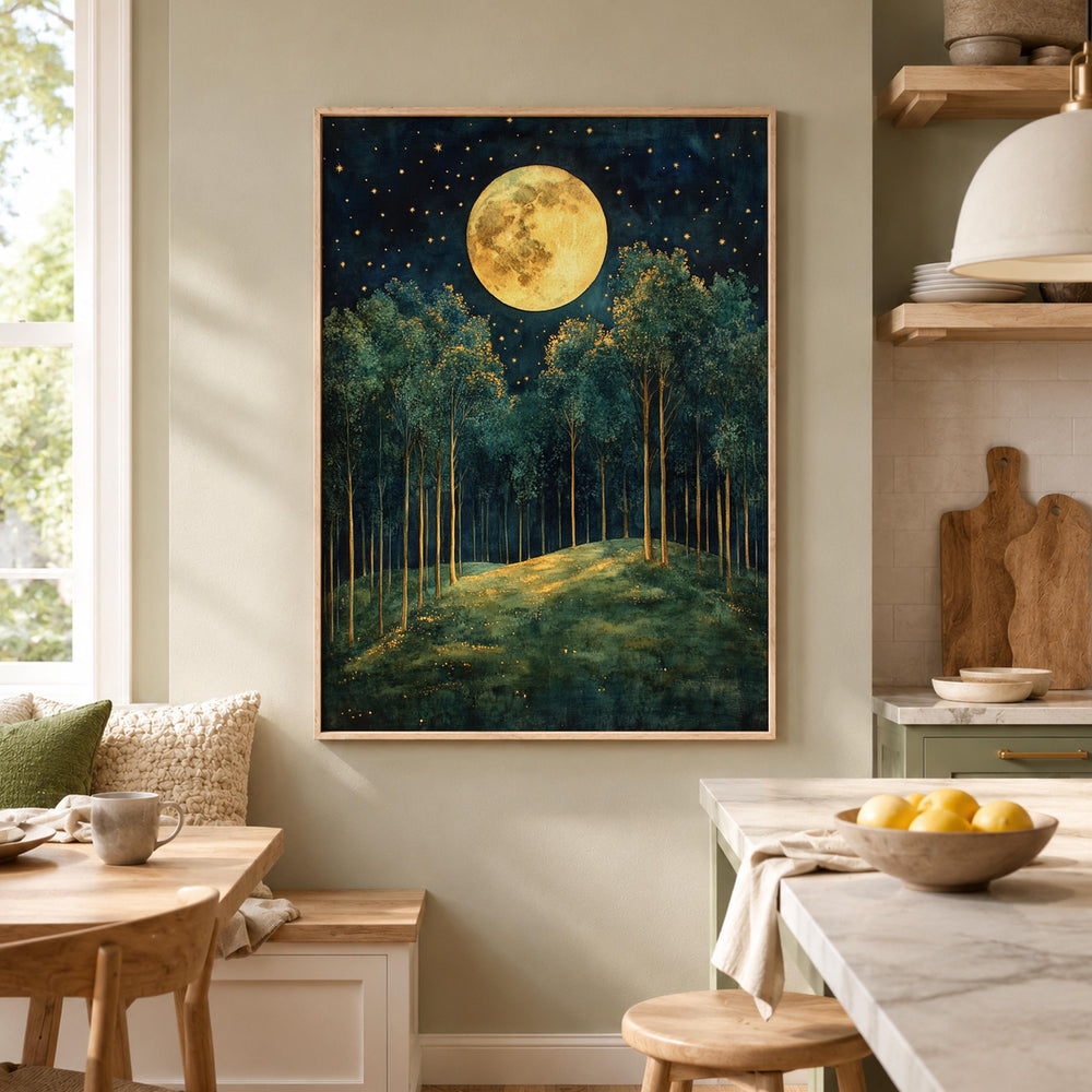 Full Moon Forest Wall Art, Starry Woodland Canvas Print, Night Landscape Poster, Gold Green Tree Artwork, Moody Nature Decor for Living Room