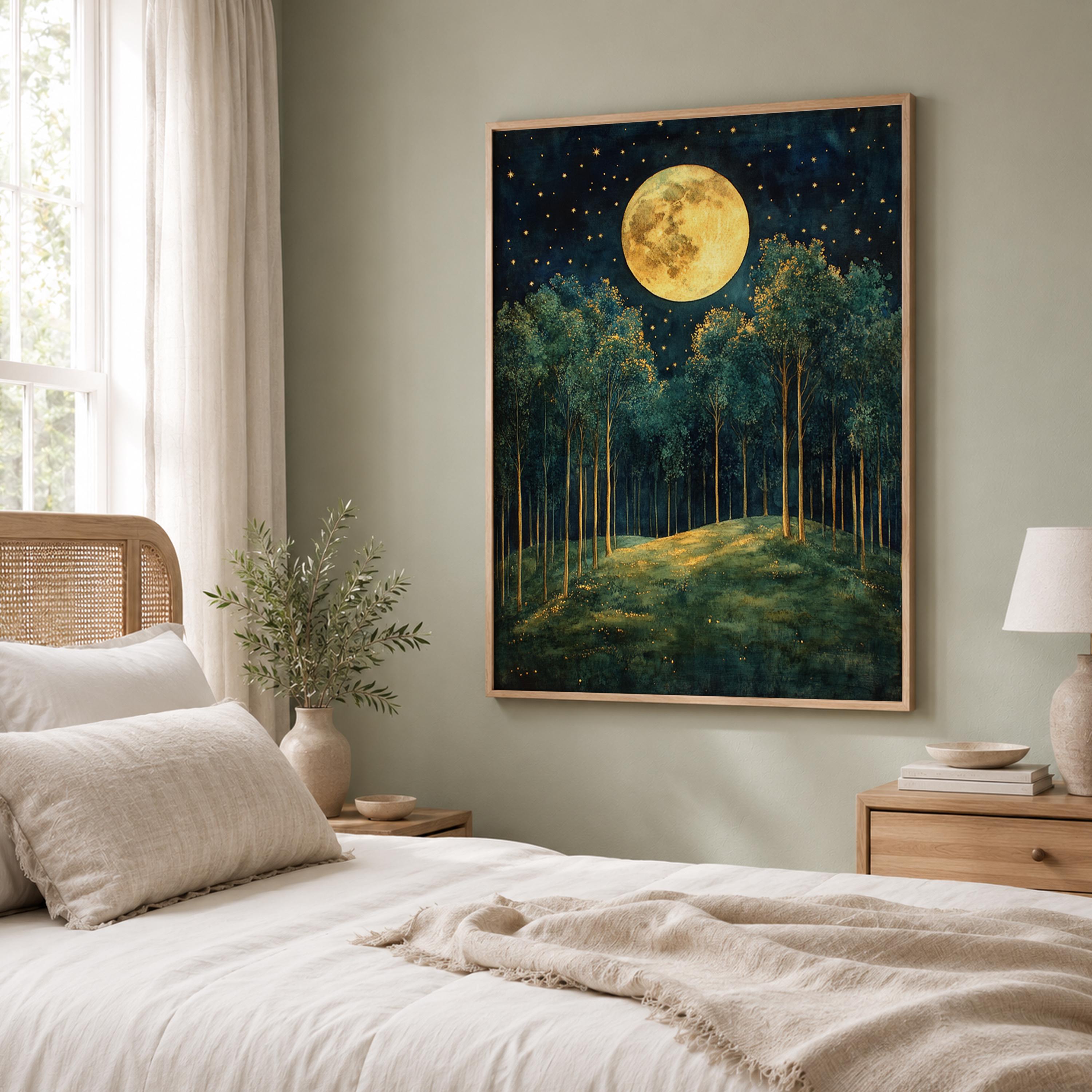Full Moon Forest Wall Art, Starry Woodland Canvas Print, Night Landscape Poster, Gold Green Tree Artwork, Moody Nature Decor for Living Room