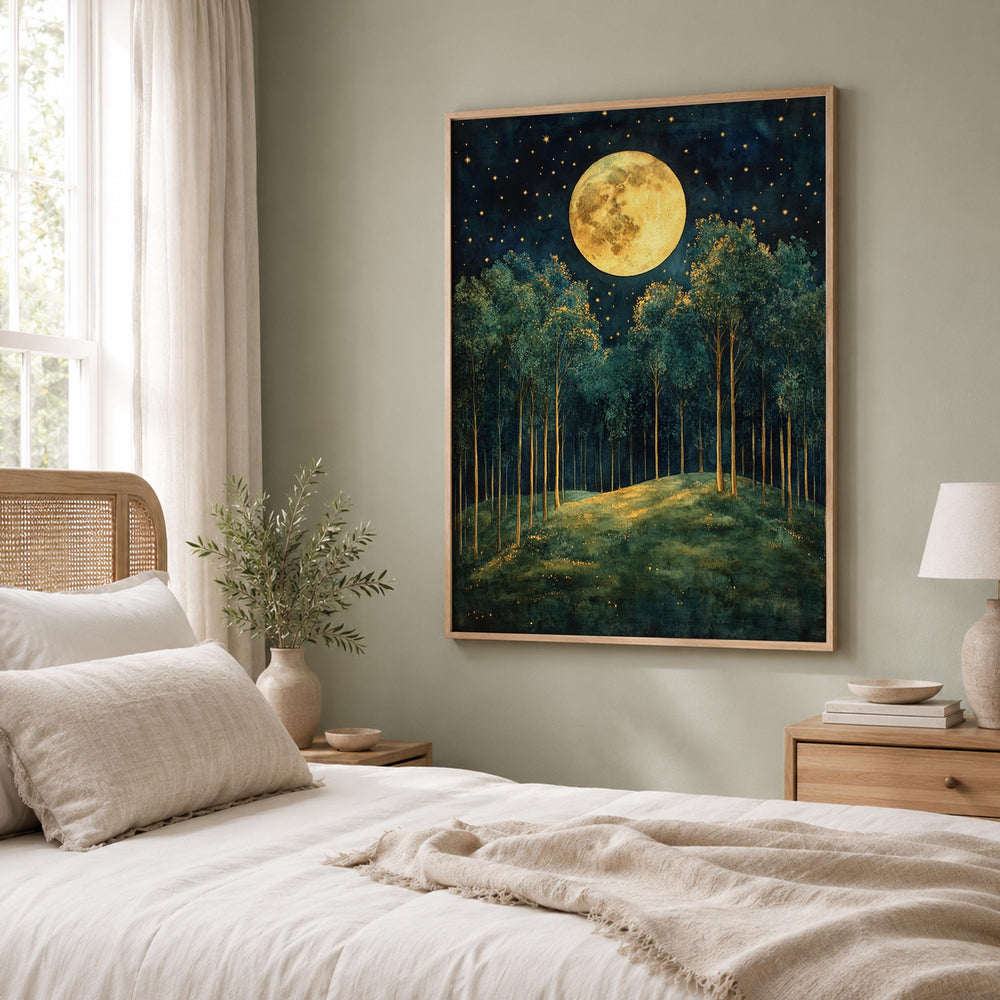 Full Moon Forest Wall Art, Starry Woodland Canvas Print, Night Landscape Poster, Gold Green Tree Artwork, Moody Nature Decor for Living Room
