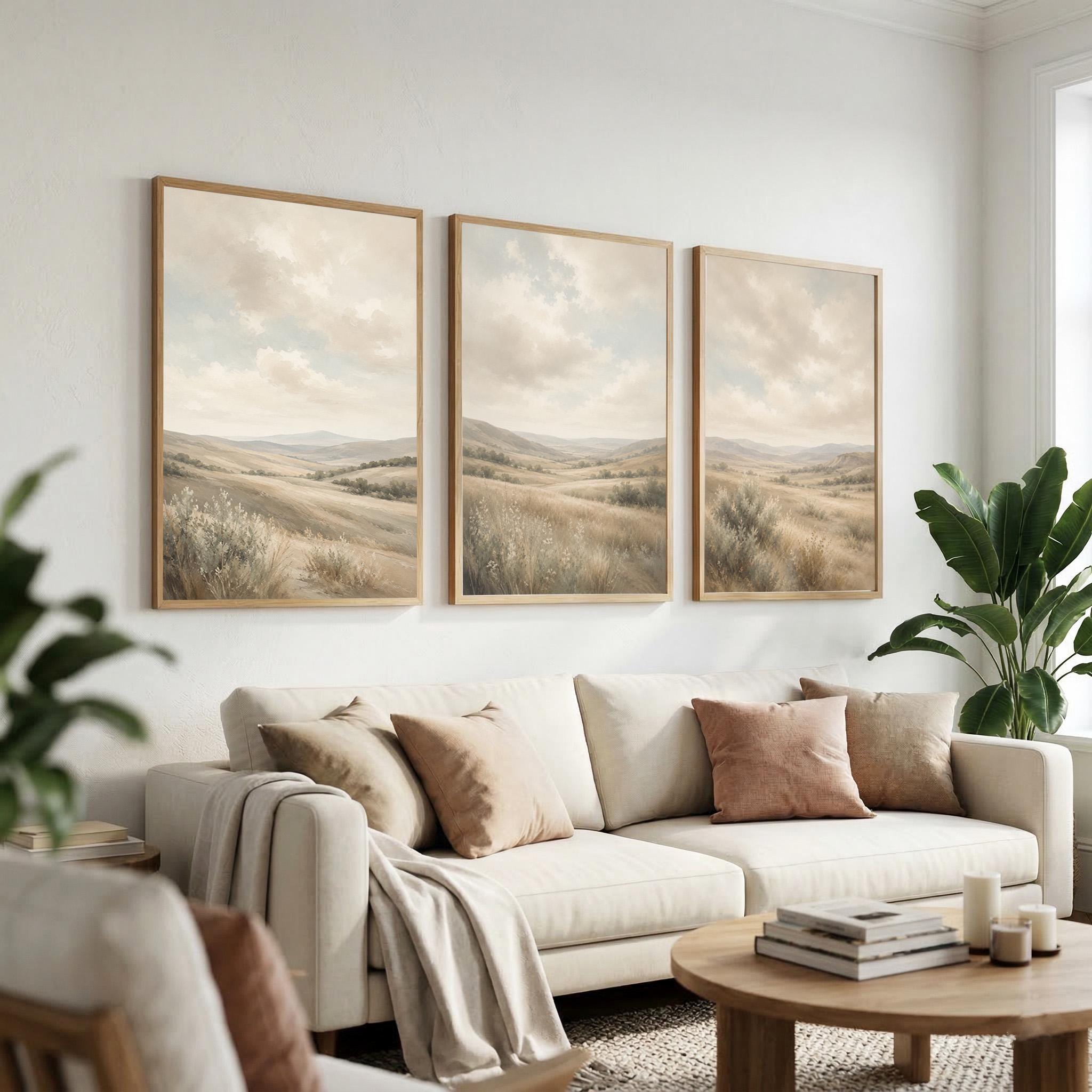 Set of 3 Landscape Wall Art, Neutral Countryside Canvas, Soft Mountain Meadow Artwork, Earthy Bedroom Farmhouse Wall Decor
