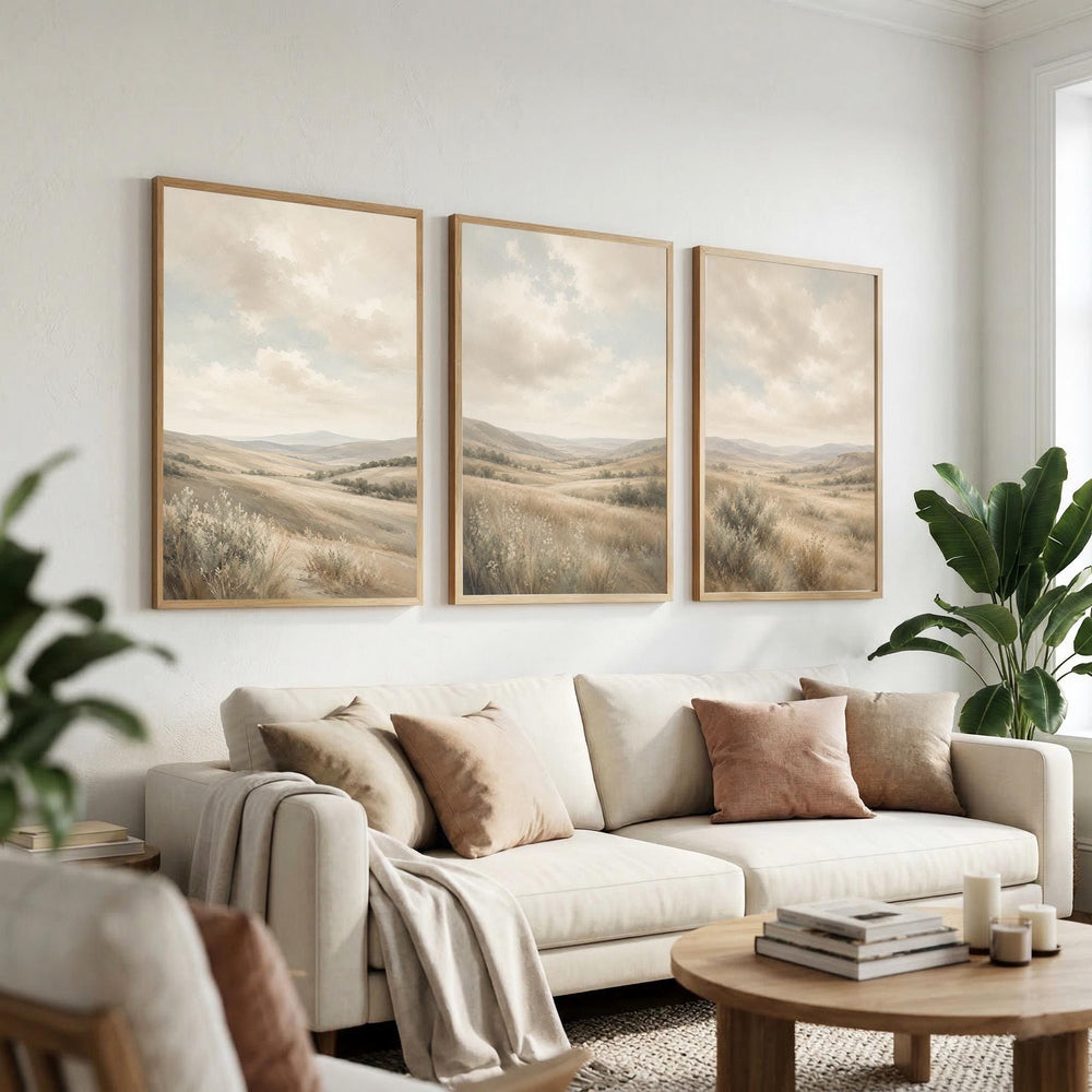 Set of 3 Landscape Wall Art, Neutral Countryside Canvas, Soft Mountain Meadow Artwork, Earthy Bedroom Farmhouse Wall Decor