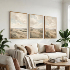 Set of 3 Landscape Wall Art, Neutral Countryside Canvas, Soft Mountain Meadow Artwork, Earthy Bedroom Farmhouse Wall Decor