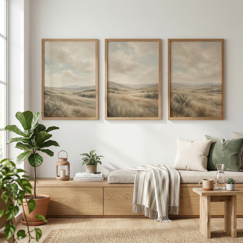 Set of 3 Landscape Wall Art, Neutral Countryside Canvas, Soft Mountain Meadow Artwork, Earthy Bedroom Farmhouse Wall Decor
