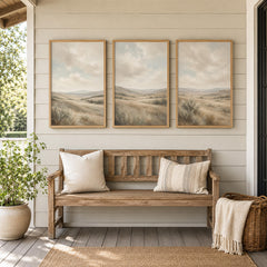 Set of 3 Landscape Wall Art, Neutral Countryside Canvas, Soft Mountain Meadow Artwork, Earthy Bedroom Farmhouse Wall Decor