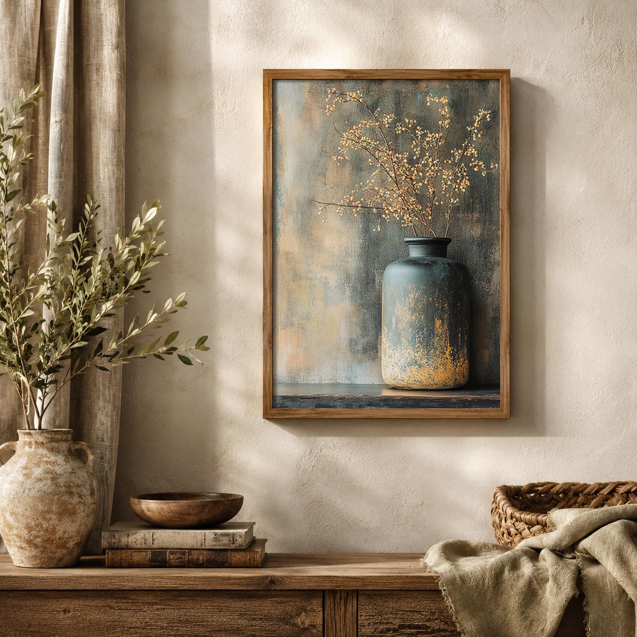 Farmhouse Botanical Vase Wall Art Print, Rustic Vase Wall Art Print, Neutral Cottage Artwork, Cottage Home Accent,Country Bedroom Decoration