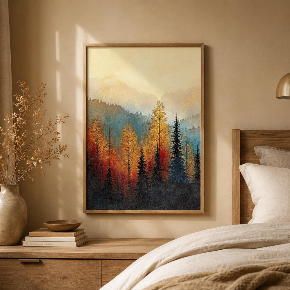 Rustic Forest Landscape Wall Art Print, Mountain Cabin Decor, Autumn Woodland Artwork, Cozy Lodge Wall Hanging, Nature Inspired Home Accent