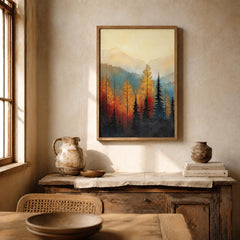Rustic Forest Landscape Wall Art Print, Mountain Cabin Decor, Autumn Woodland Artwork, Cozy Lodge Wall Hanging, Nature Inspired Home Accent