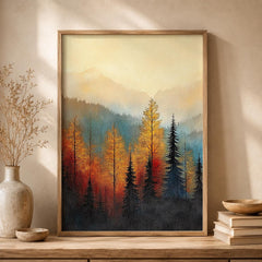Rustic Forest Landscape Wall Art Print, Mountain Cabin Decor, Autumn Woodland Artwork, Cozy Lodge Wall Hanging, Nature Inspired Home Accent
