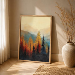 Rustic Forest Landscape Wall Art Print, Mountain Cabin Decor, Autumn Woodland Artwork, Cozy Lodge Wall Hanging, Nature Inspired Home Accent