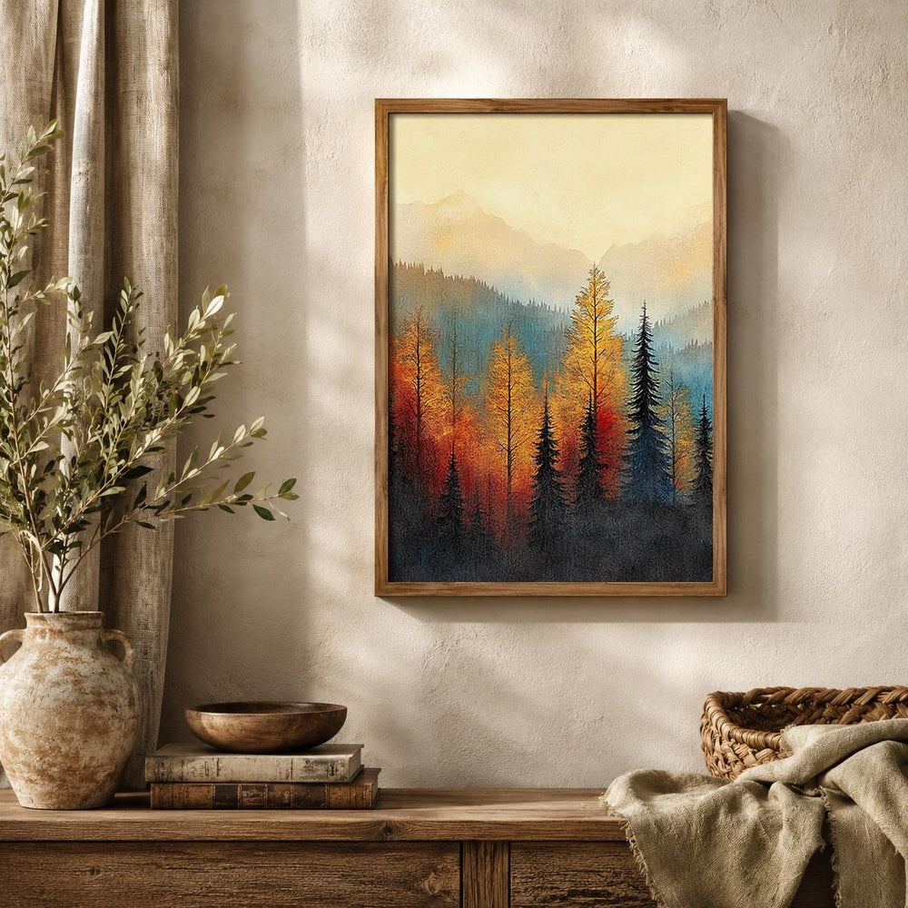 Rustic Forest Landscape Wall Art Print, Mountain Cabin Decor, Autumn Woodland Artwork, Cozy Lodge Wall Hanging, Nature Inspired Home Accent