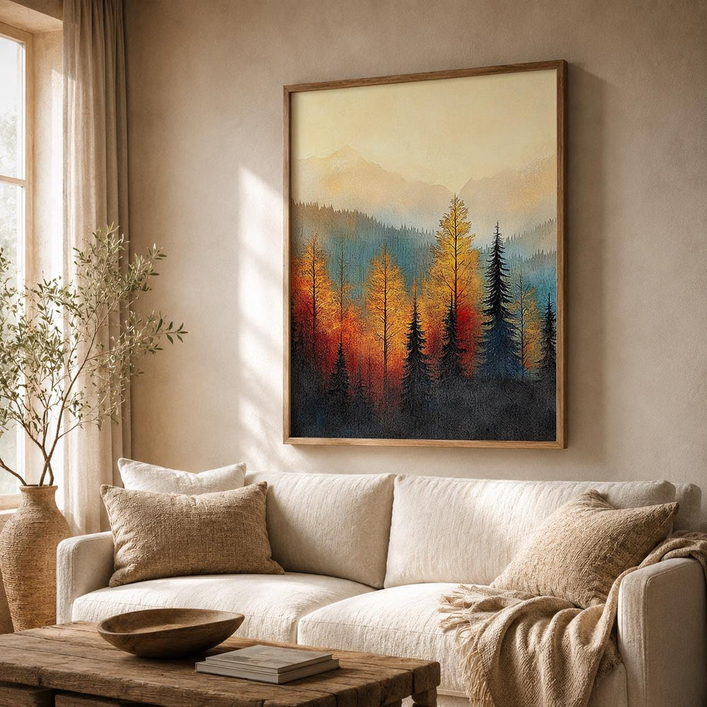 Rustic Forest Landscape Wall Art Print, Mountain Cabin Decor, Autumn Woodland Artwork, Cozy Lodge Wall Hanging, Nature Inspired Home Accent