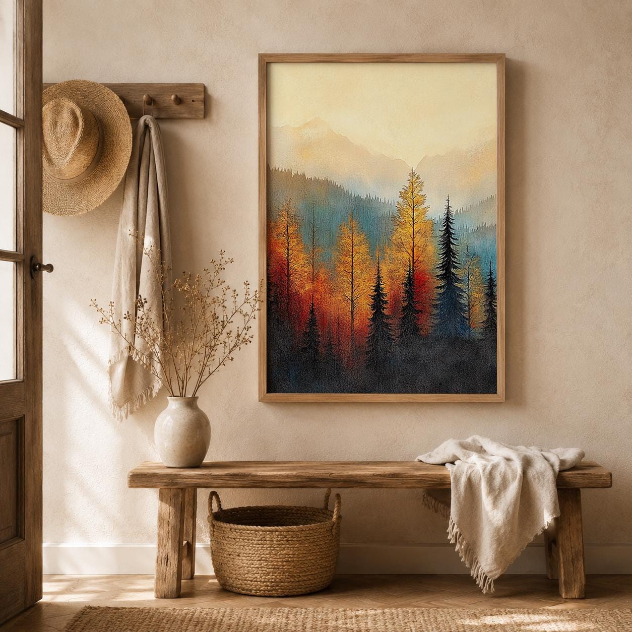 Rustic Forest Landscape Wall Art Print, Mountain Cabin Decor, Autumn Woodland Artwork, Cozy Lodge Wall Hanging, Nature Inspired Home Accent
