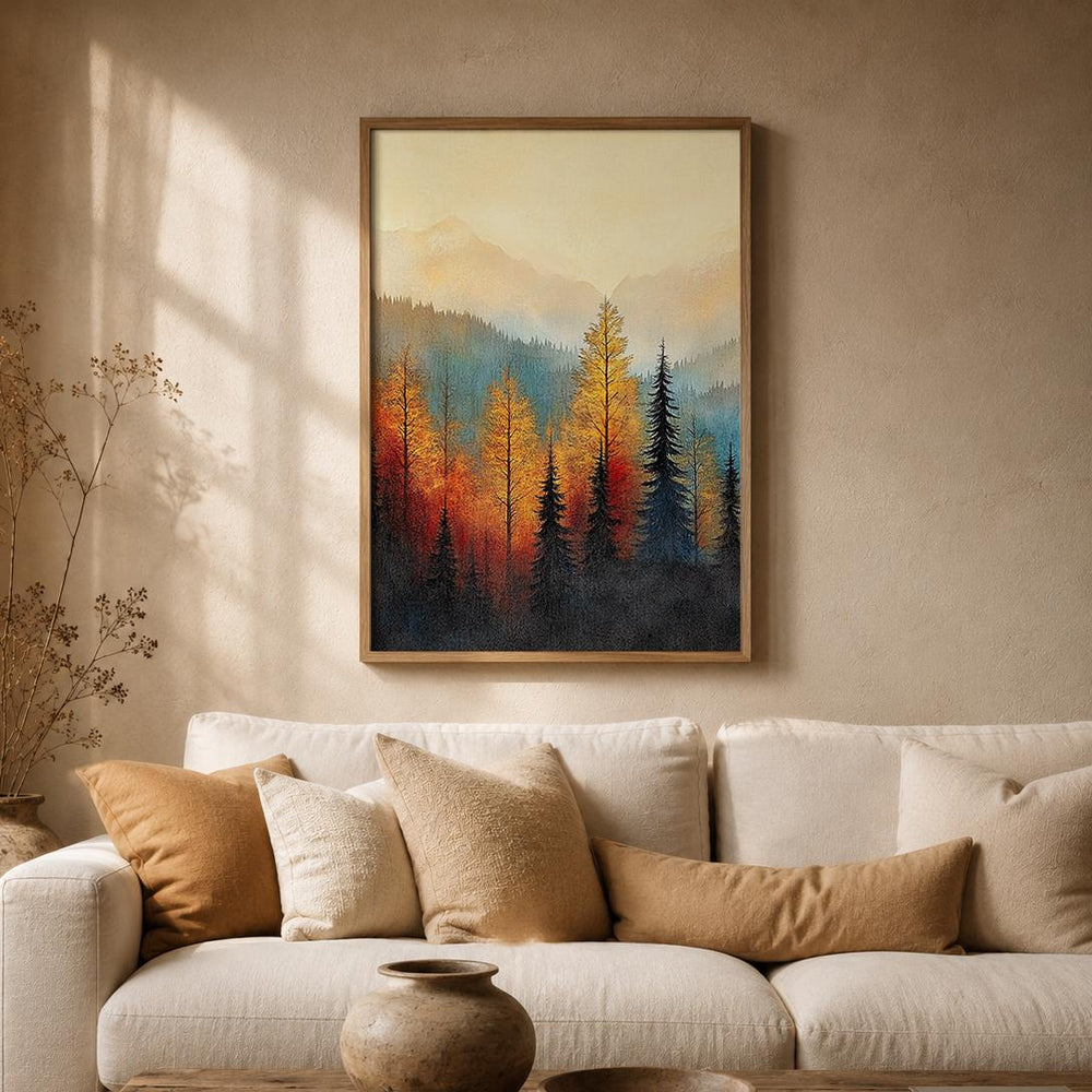 Rustic Forest Landscape Wall Art Print, Mountain Cabin Decor, Autumn Woodland Artwork, Cozy Lodge Wall Hanging, Nature Inspired Home Accent