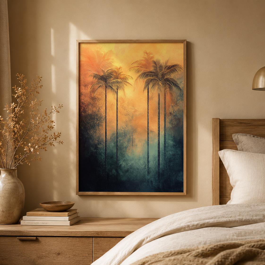 Sunset Palm Tree Wall Art Print, Tropical Coastal Decor, Beach House Living Room Artwork, Resort Style Home Accent, Vacation Villa Wall