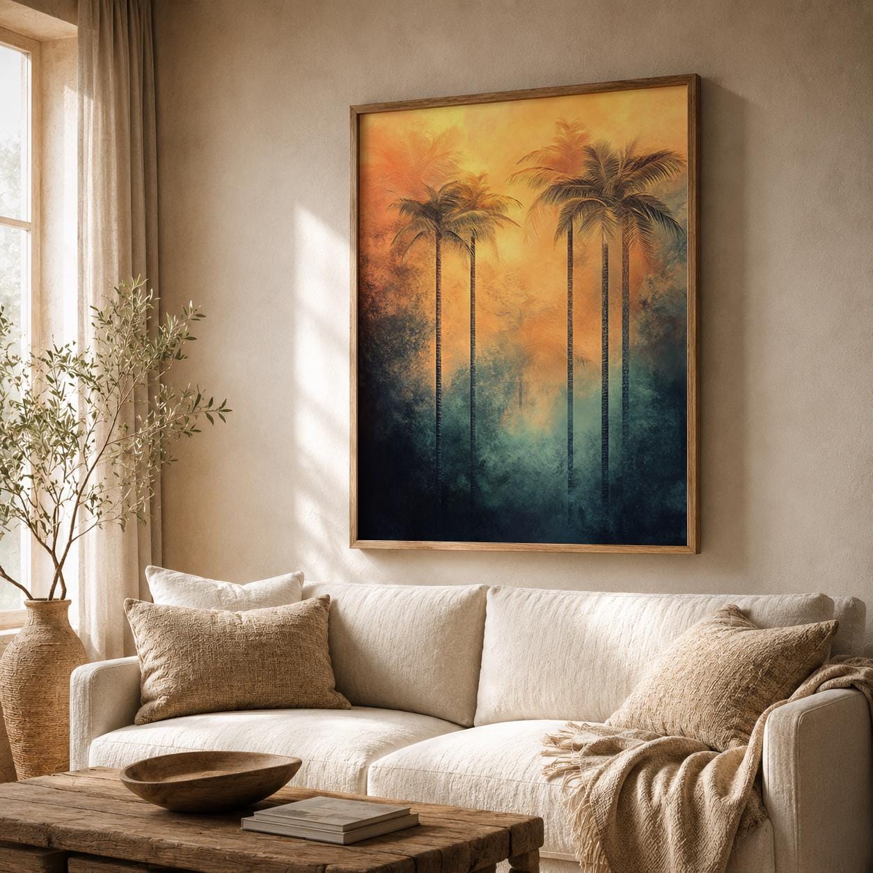 Sunset Palm Tree Wall Art Print, Tropical Coastal Decor, Beach House Living Room Artwork, Resort Style Home Accent, Vacation Villa Wall