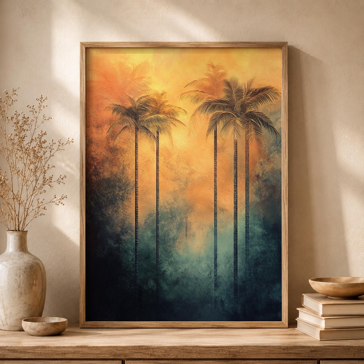 Sunset Palm Tree Wall Art Print, Tropical Coastal Decor, Beach House Living Room Artwork, Resort Style Home Accent, Vacation Villa Wall