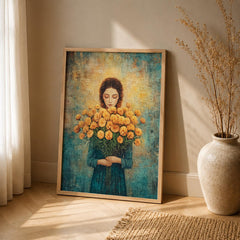 Vintage Floral Portrait Wall Art Print, Cottagecore Woman Artwork, Romantic Bedroom Decor, Feminine Living Room Accent