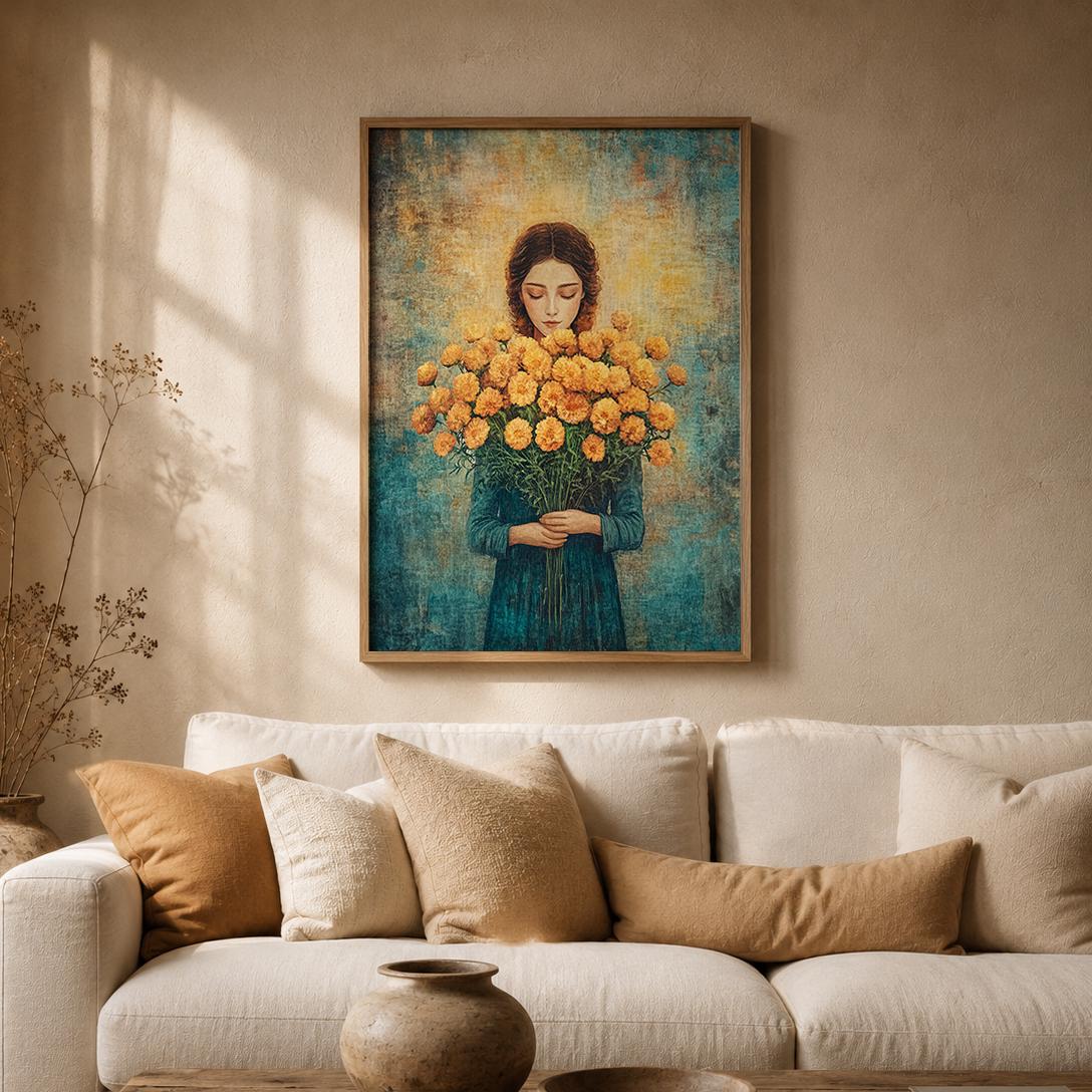 Vintage Floral Portrait Wall Art Print, Cottagecore Woman Artwork, Romantic Bedroom Decor, Feminine Living Room Accent