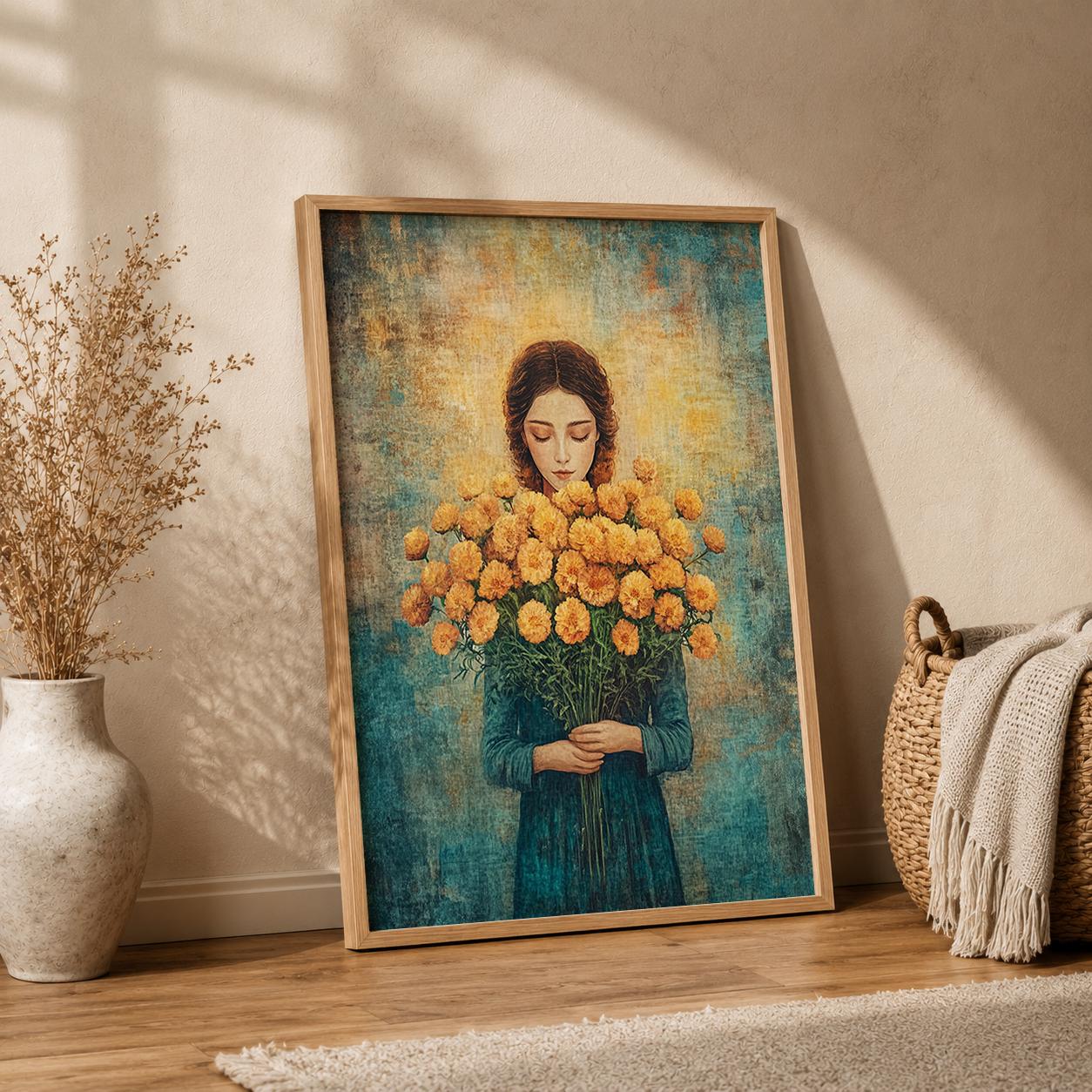 Vintage Floral Portrait Wall Art Print, Cottagecore Woman Artwork, Romantic Bedroom Decor, Feminine Living Room Accent