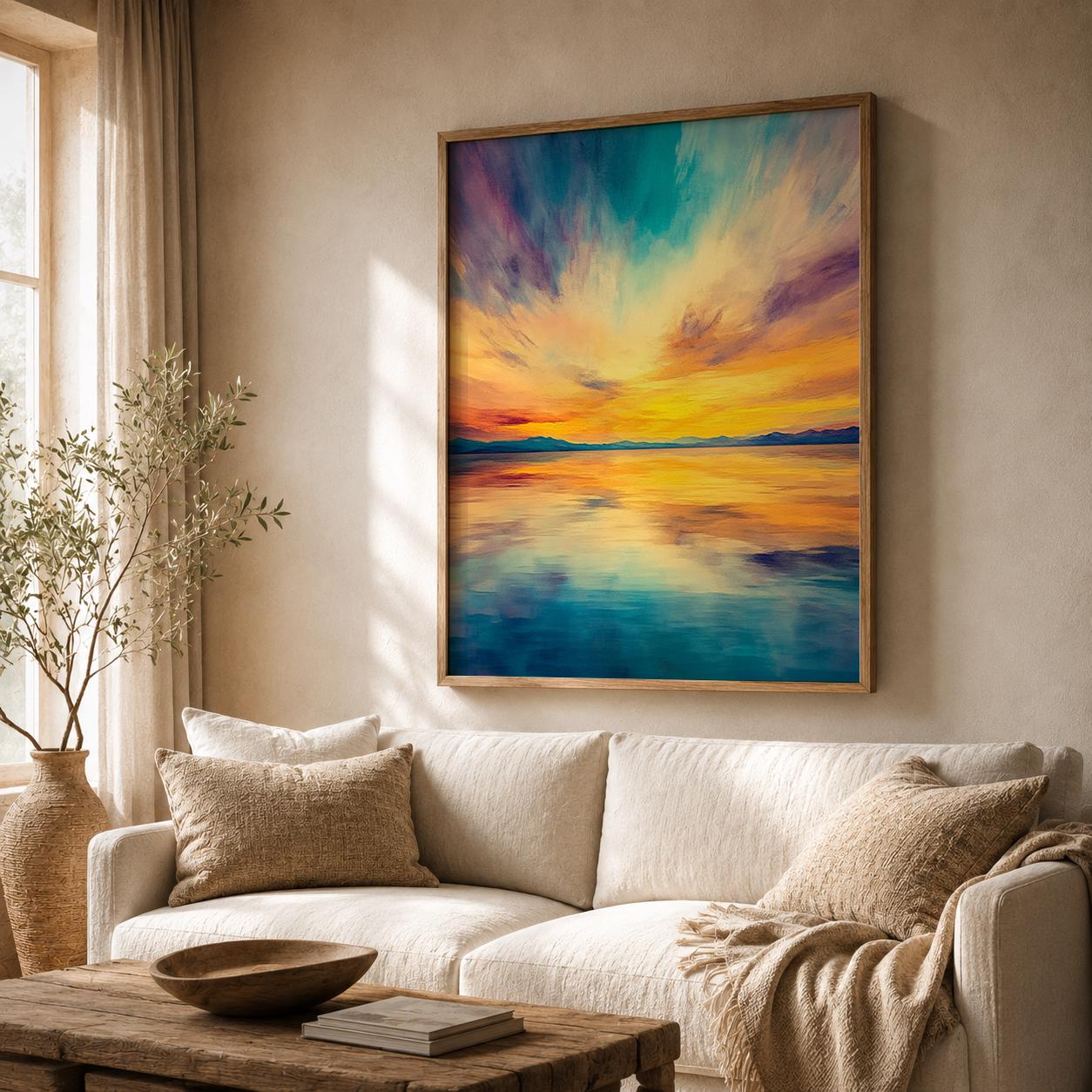 Vibrant Sunset Seascape Print, Coastal Horizon Wall Art, Colorful Ocean Artwork, Modern Beach Decor, Serene Waterscape Accent