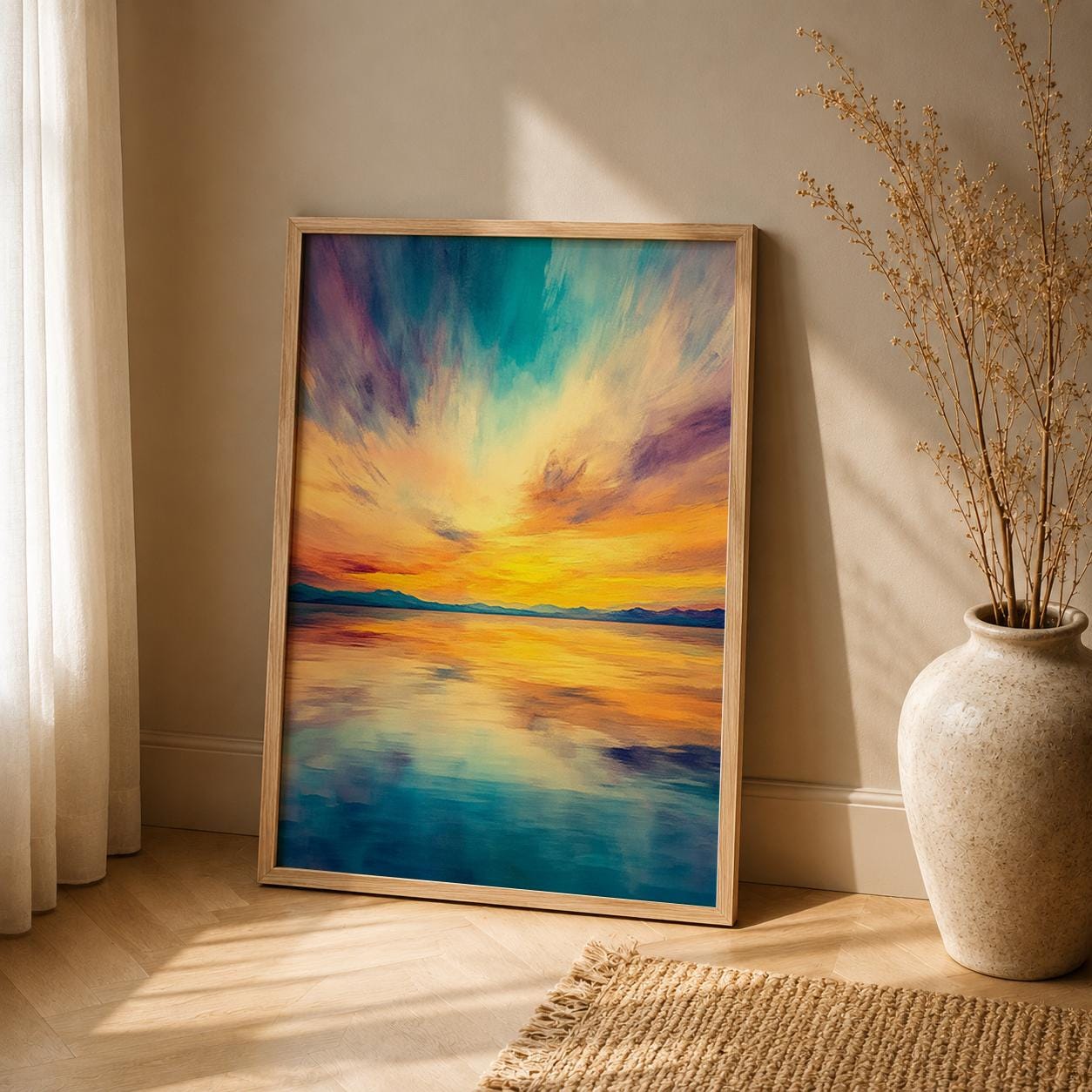 Vibrant Sunset Seascape Print, Coastal Horizon Wall Art, Colorful Ocean Artwork, Modern Beach Decor, Serene Waterscape Accent