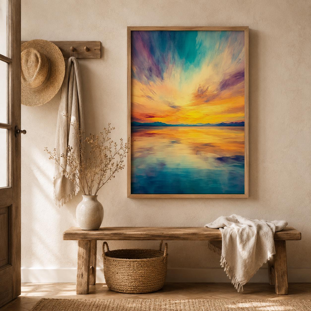 Vibrant Sunset Seascape Print, Coastal Horizon Wall Art, Colorful Ocean Artwork, Modern Beach Decor, Serene Waterscape Accent