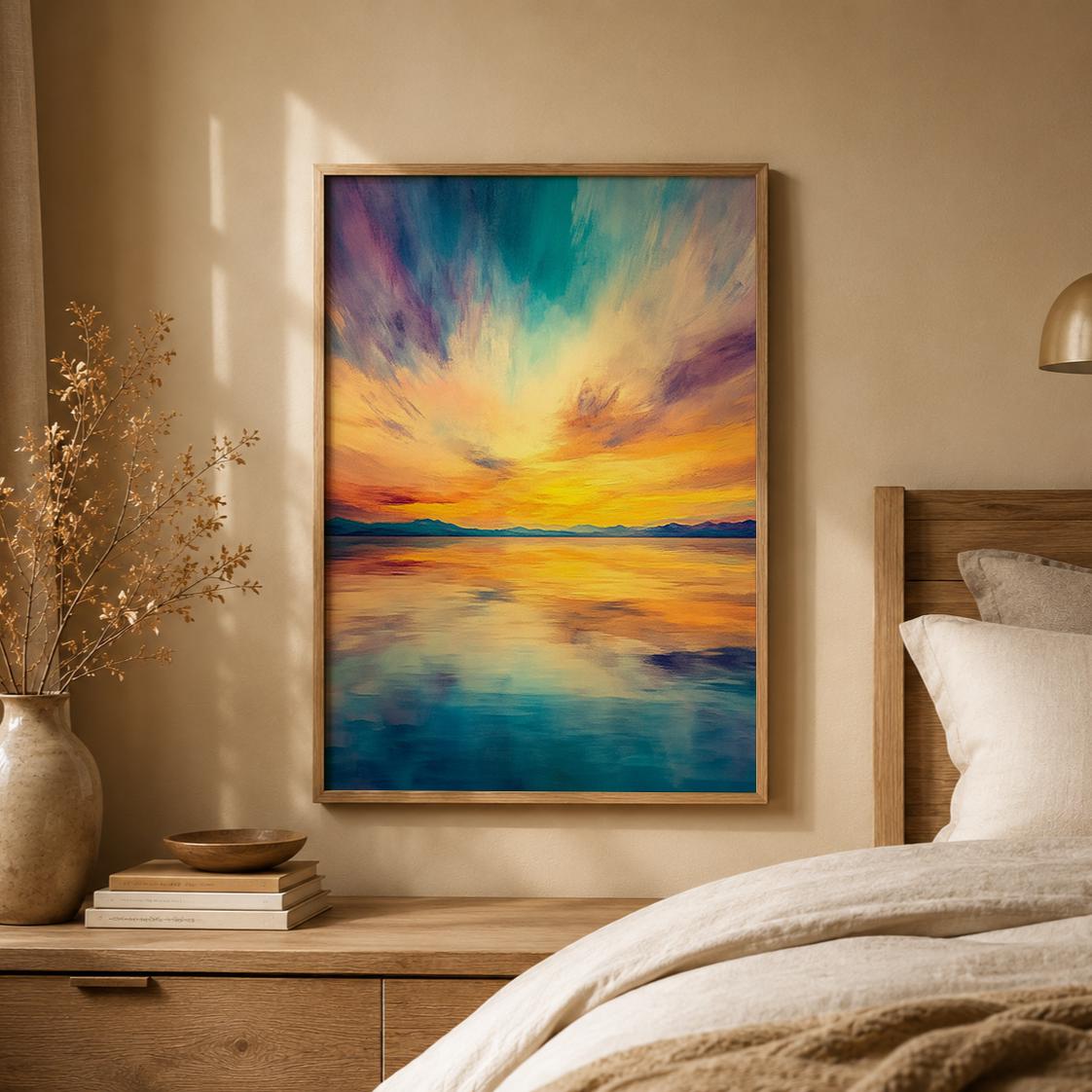 Vibrant Sunset Seascape Print, Coastal Horizon Wall Art, Colorful Ocean Artwork, Modern Beach Decor, Serene Waterscape Accent