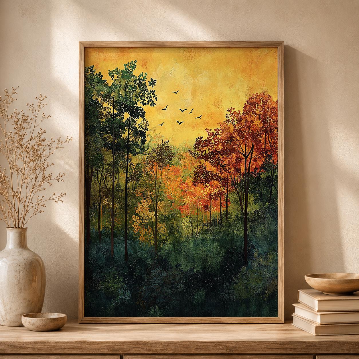 Autumn Forest Wall Art Print, Woodland Landscape Decor, Rustic Cabin Artwork, Nature Inspired Home Accent, Fall Season Gift Idea