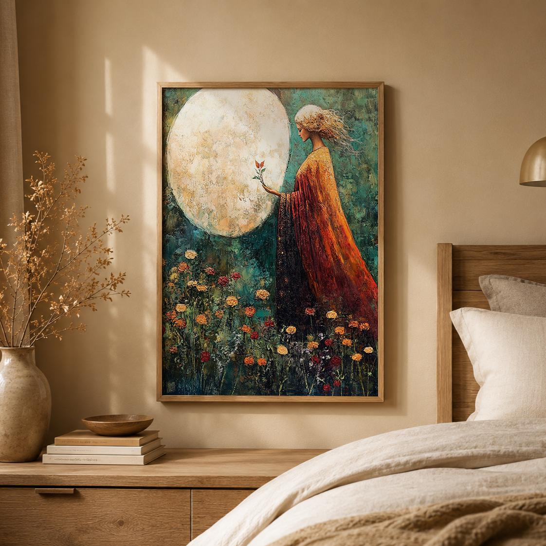 Moonlit Woman Wall Art Print, Celestial Bedroom Decor, Mystical Feminine Artwork, Boho Spiritual Home Accent, Dreamy Gift for Her