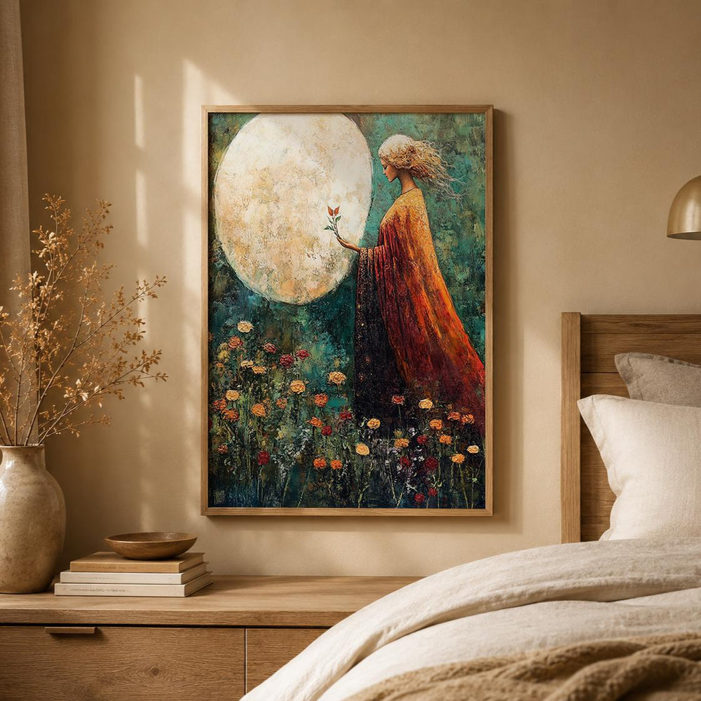 Moonlit Woman Wall Art Print, Celestial Bedroom Decor, Mystical Feminine Artwork, Boho Spiritual Home Accent, Dreamy Gift for Her