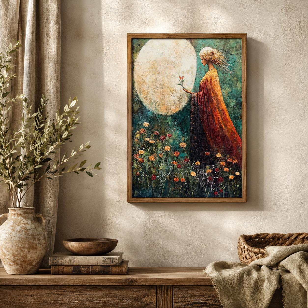 Moonlit Woman Wall Art Print, Celestial Bedroom Decor, Mystical Feminine Artwork, Boho Spiritual Home Accent, Dreamy Gift for Her