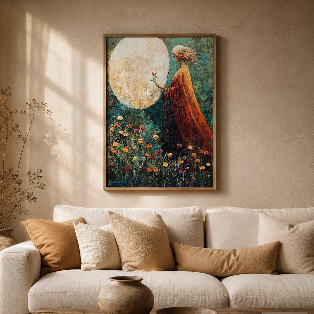 Moonlit Woman Wall Art Print, Celestial Bedroom Decor, Mystical Feminine Artwork, Boho Spiritual Home Accent, Dreamy Gift for Her