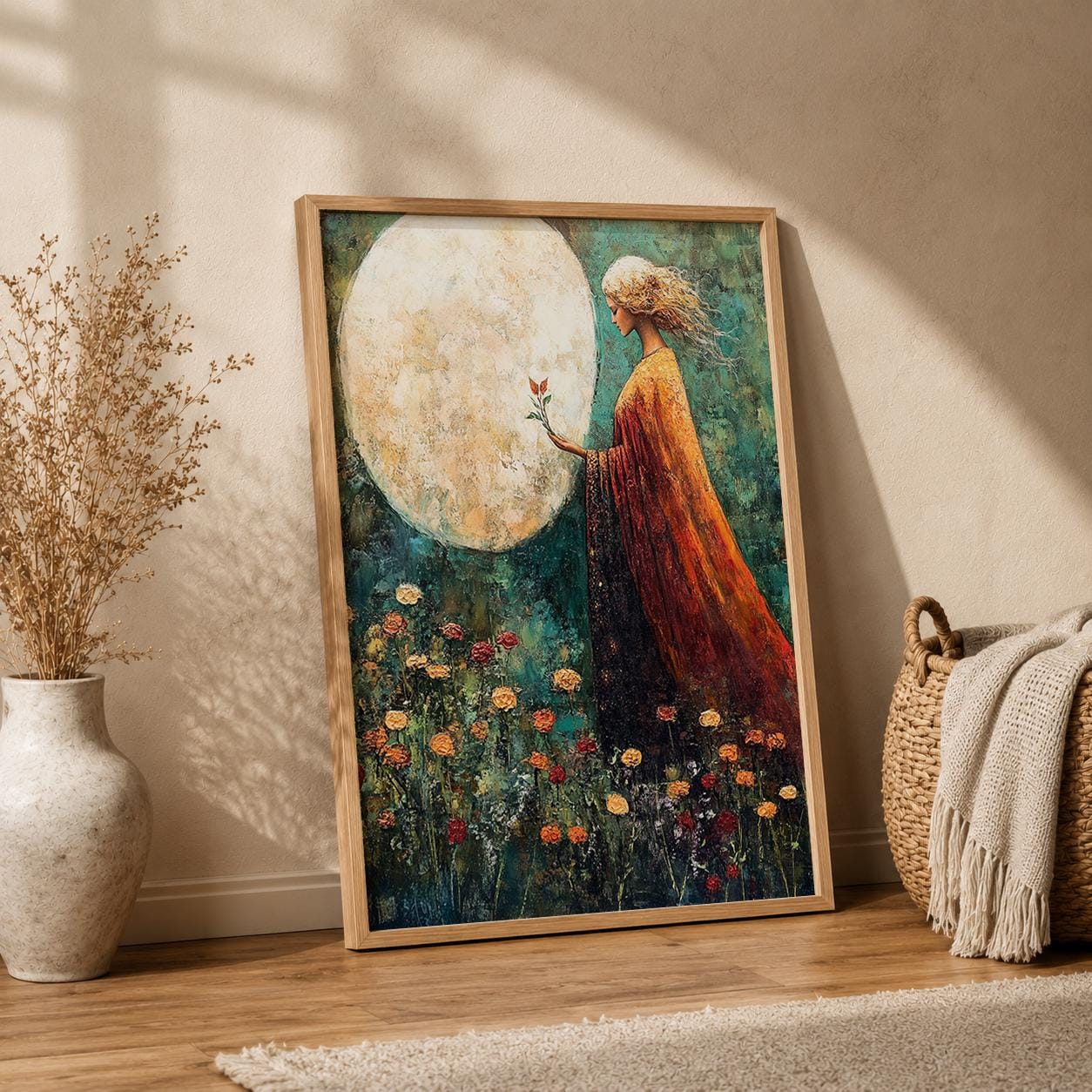 Moonlit Woman Wall Art Print, Celestial Bedroom Decor, Mystical Feminine Artwork, Boho Spiritual Home Accent, Dreamy Gift for Her