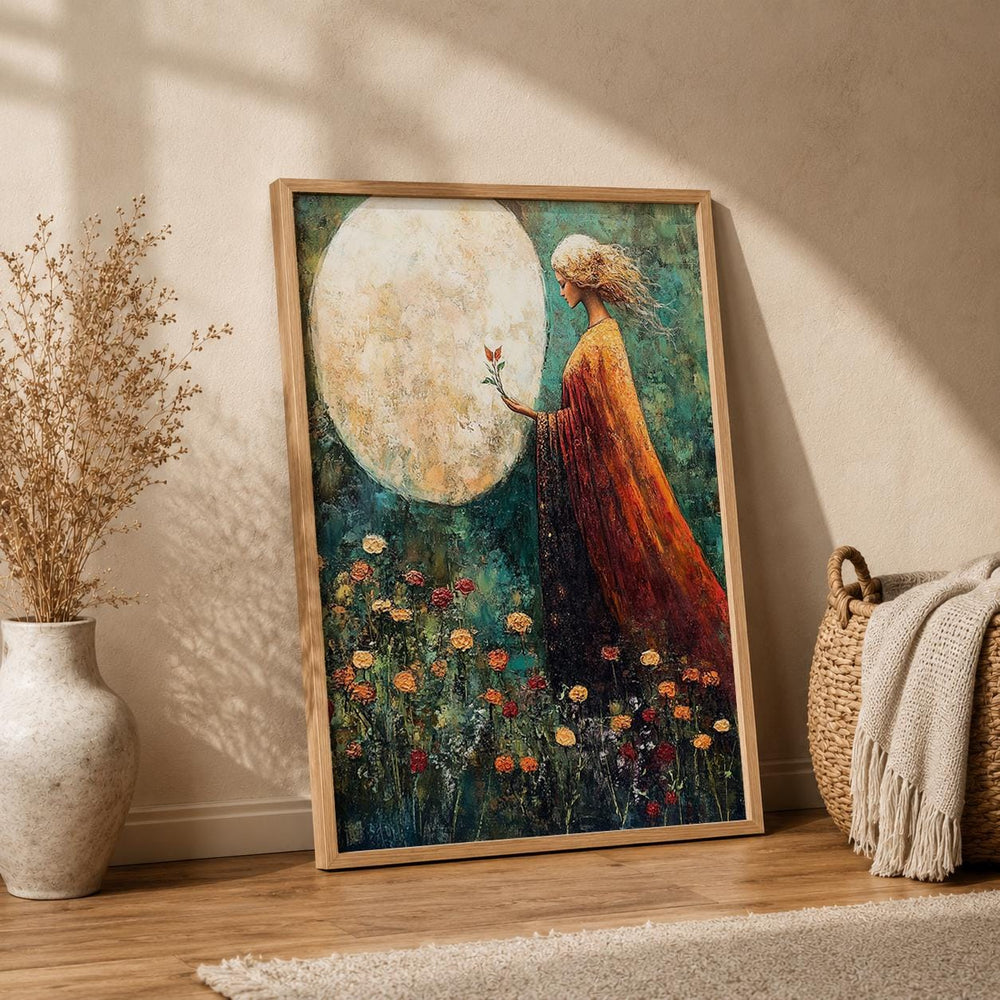 Moonlit Woman Wall Art Print, Celestial Bedroom Decor, Mystical Feminine Artwork, Boho Spiritual Home Accent, Dreamy Gift for Her