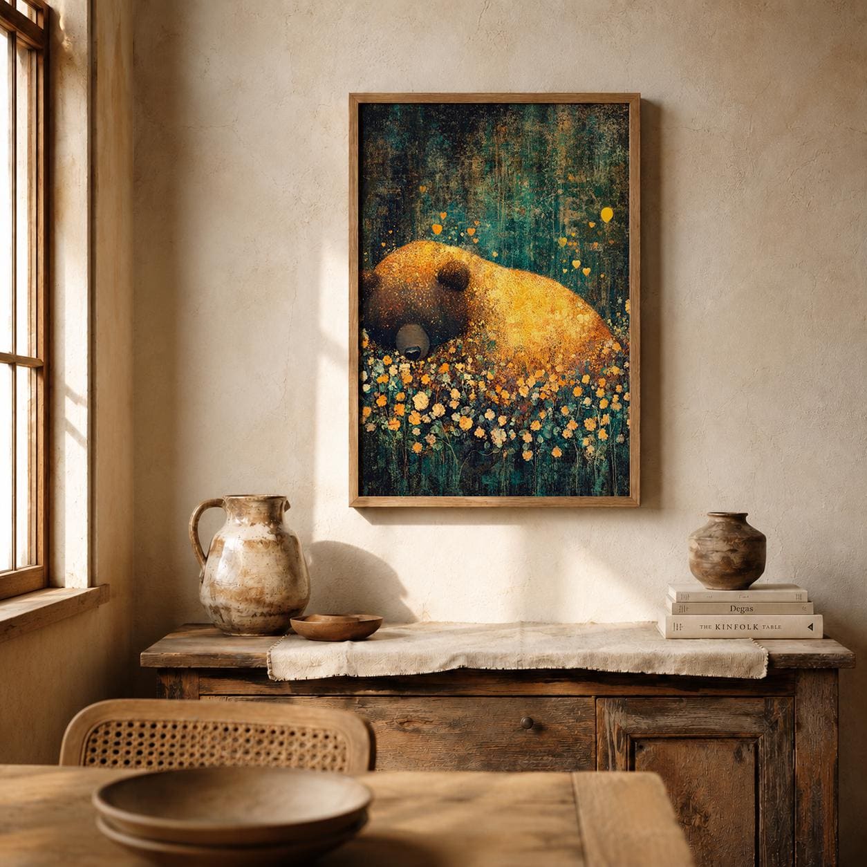 Sleeping Bear Woodland Nursery Art Print, Cozy Forest Animal Artwork, Woodland Baby Room Decor, Rustic Wildlife Wall Hanging
