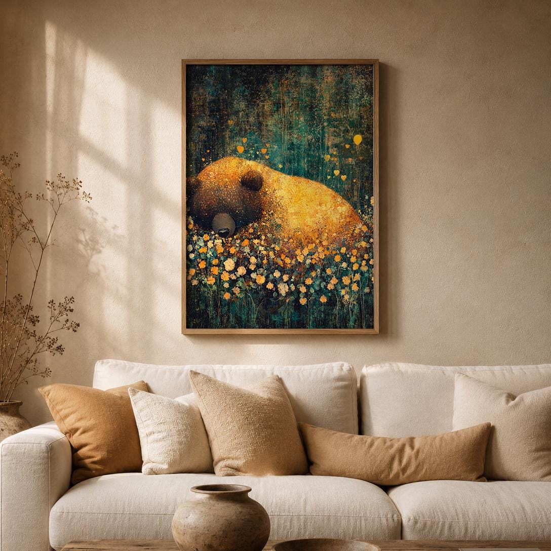 Sleeping Bear Woodland Nursery Art Print, Cozy Forest Animal Artwork, Woodland Baby Room Decor, Rustic Wildlife Wall Hanging