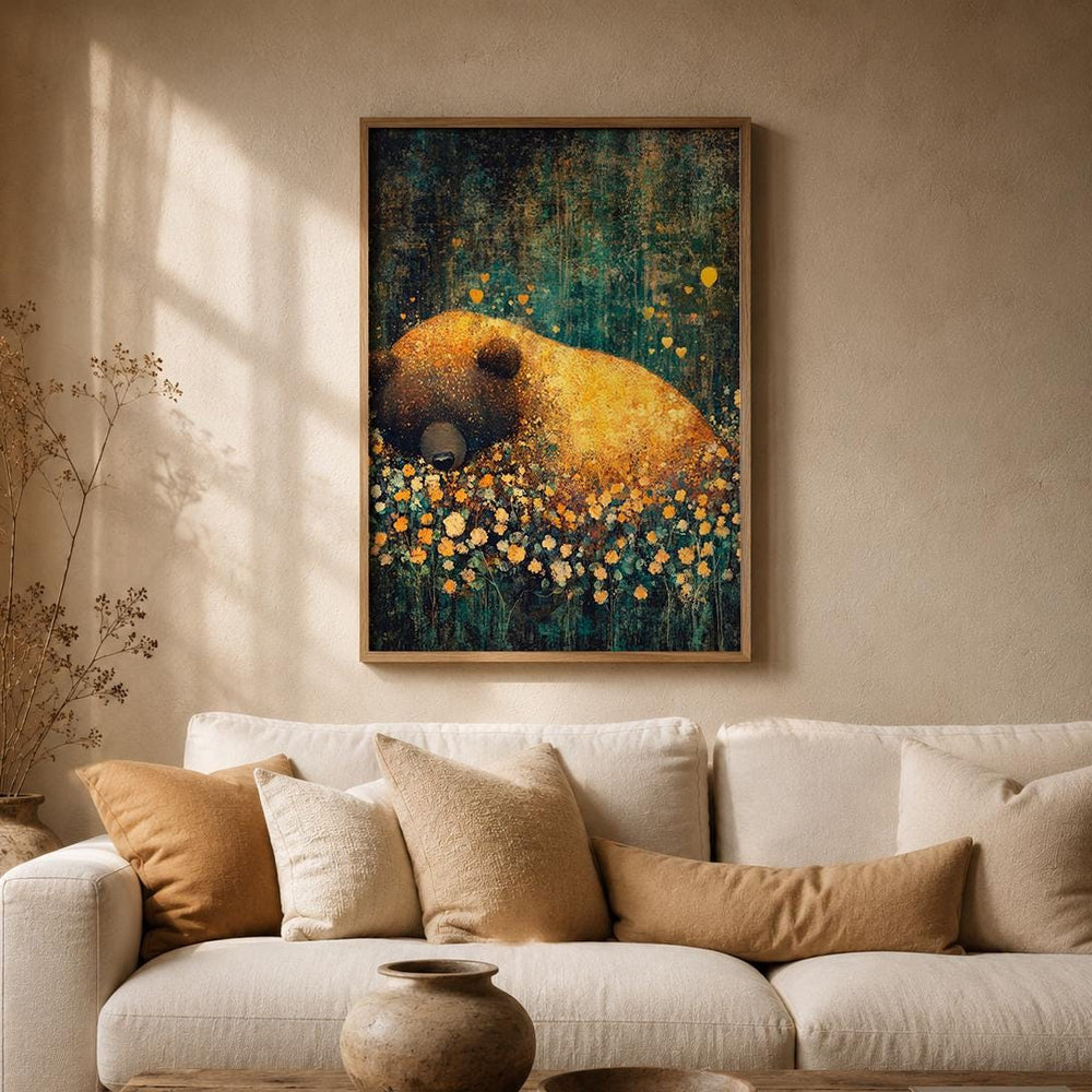 Sleeping Bear Woodland Nursery Art Print, Cozy Forest Animal Artwork, Woodland Baby Room Decor, Rustic Wildlife Wall Hanging